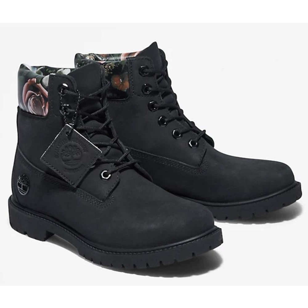 Timberland Womens Heritage 6in Waterproof boot black nubuck with floral size 9.5